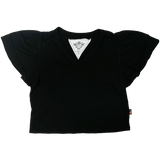 T2LOVE RUFFLE S/S V-NECK TEE - BLACK