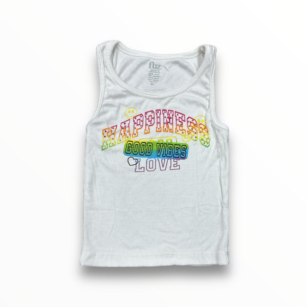 FLOWERS BY ZOE RIBBED TANK - WHITE/HAPPINESS/GOOD VIBES