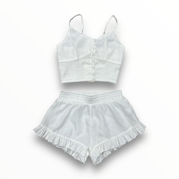 FLOWERS BY ZOE CHAMBRAY TOP AND RUFFLE SHORT SET - WHITE