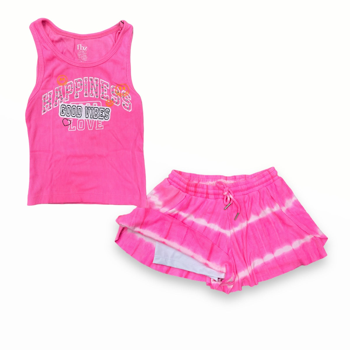 FLOWERS BY ZOE RIBBED TANK NEON PINK/HAPPINESS GOOD VIBES LOVE