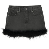 KATIE J TWEEN DESIREE FEATHER TRIM MINI SKIRT- BLACK DENIM