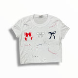 FIREHOUSE T-SHIRT - WHITE/RED WHITE AND BLUE BOW/SPLATTERED