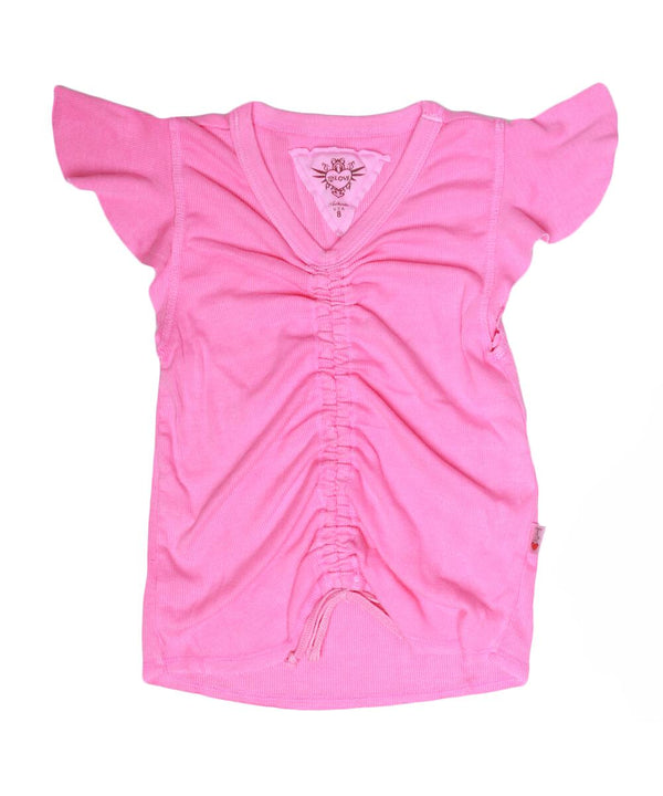 T2LOVE RUFFLE SLEEVE GATHERED FRONT TOP - NEON PINK