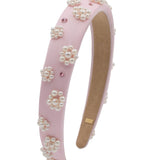BARI LYNN CRYSTALLIZED FLOWER PEARL THIN SATIN HEADBAND - BABY PINK