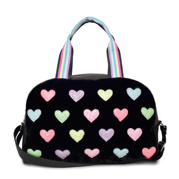 OMG OCCESSORIES PLUSH HEART PATCHED MEDIUM DUFFLE BAG