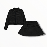 T2LOVE L/S BOMBER CARDIGAN WITH ZIP AND FOLD OVER SKIRT SET - BLACK