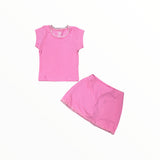 FLOWERS BY ZOE RIBBED LACE TRIM TEE AND SKORT SET - HOT PINK