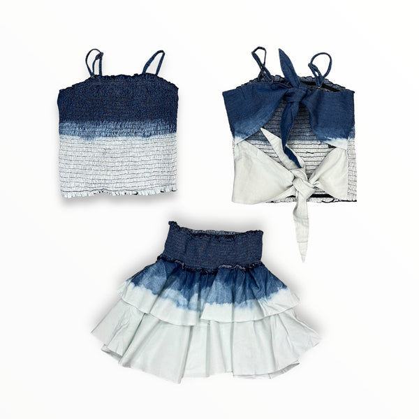 FLOWERS BY ZOE TIE BACK CROP TOP AND SKIRT SET - OMBRE DENIM