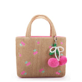 OMG ACCESSORIES CHERRY PATCHED STRAW TOTE BAG WITH CHARM
