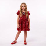 GIRLS VELVET SEQUIN PARTY DRESS WITH FEATHER SLEEVE - RED