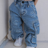 SMILEY FACE BAGGY JEANS - DENIM