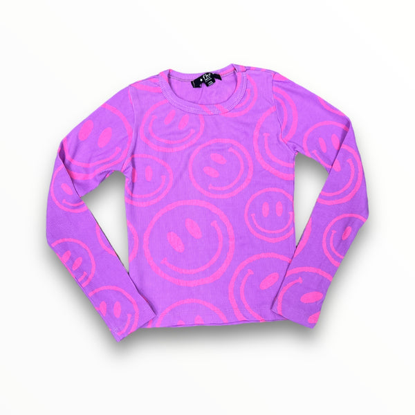 FLOWERS BY ZOE RIBBED LONG SLEEVE - PURPLE/PINK SMILEY