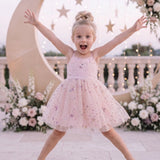 GIRLS SPARKLING SEQUIN STAR APPLIQUE TULLE DRESS - PINK