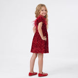 GIRLS VELVET SEQUIN PARTY DRESS WITH FEATHER SLEEVE - RED
