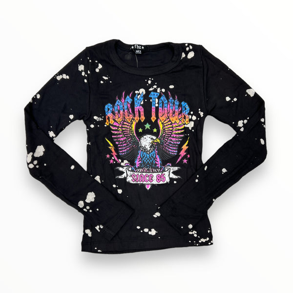 FLOWERS BY ZOE RIBBED LONG SLEEVE - BLACK BLEACH/ ROCK TOUR