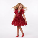GIRLS VELVET SEQUIN PARTY DRESS WITH FEATHER SLEEVE - RED