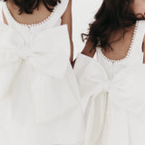 LACE AND LAVANDER PEARL TRIMMED BOW BACK DRESS - WHITE