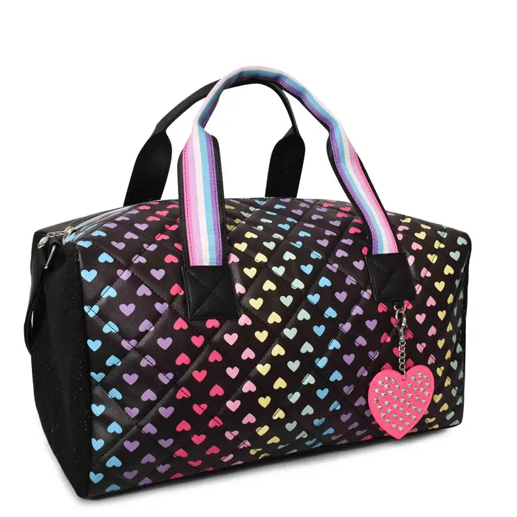 OMG OCCESSORIES HEART PRINTED LARGE DUFFLE BAG WITH KEYCHAIN