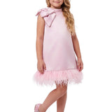 GIRLS GLOSSY SATIN FEATHER TRIM HEM PARTY DRESS WITH SHOULDER BOW - PINK