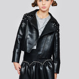 HANNAH BANANA VEGAN FAUX LEATHER MOTO JACKET WITH RHINESTONES