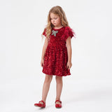 GIRLS VELVET SEQUIN PARTY DRESS WITH FEATHER SLEEVE - RED