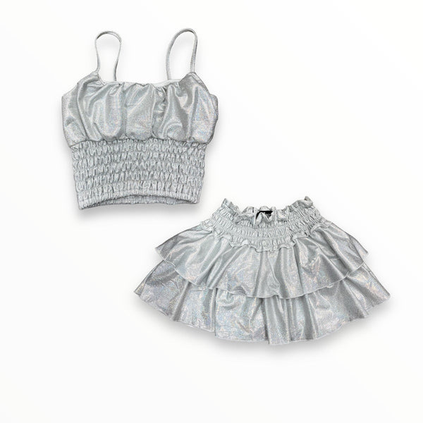 FLOWERS BY ZOE CROP TOP AND SKIRT SET - METALLIC SILVER