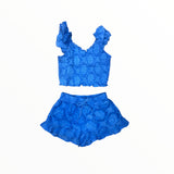 FLOWERS BY ZOE GAUZE TANK AND RUFFLE SHORT SET - NEON BLUE EYELET
