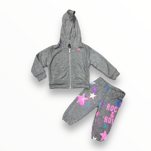 FLOWERS BY ZOE BABY ZIP HOODIE AND SWEATS SET- H. GRAY AIRBRUSH