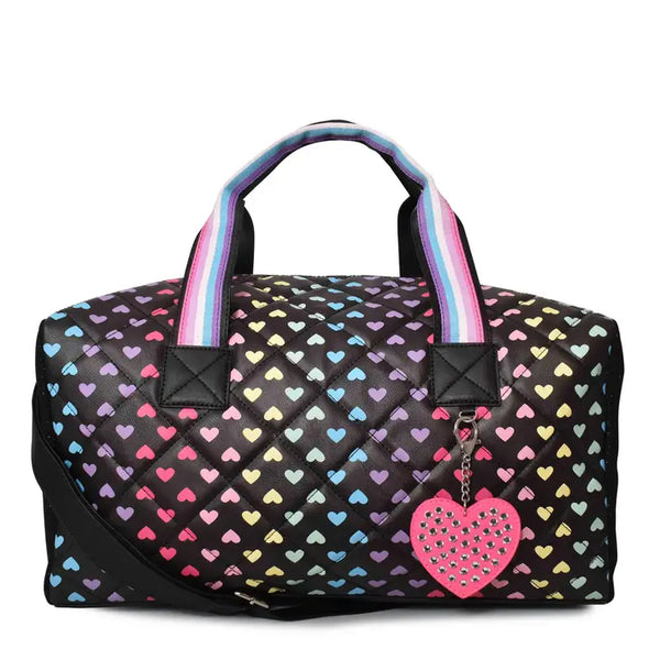 OMG OCCESSORIES HEART PRINTED LARGE DUFFLE BAG WITH KEYCHAIN