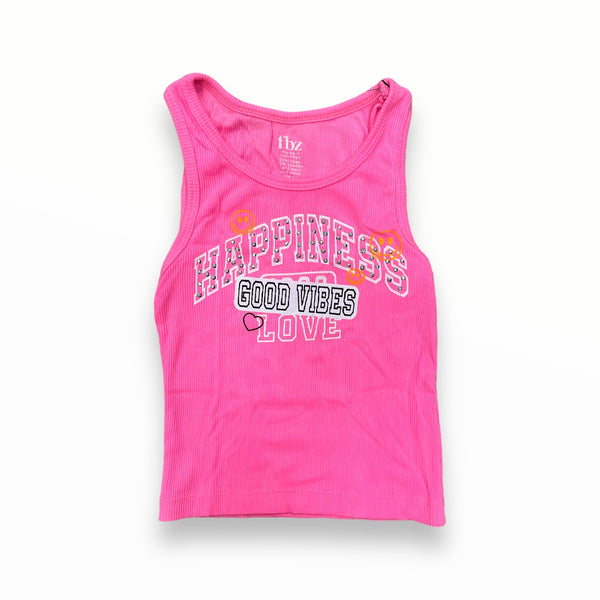 FLOWERS BY ZOE RIBBED TANK - NEON PINK/HAPPINESS GOOD VIBES LOVE