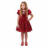 GIRLS VELVET SEQUIN PARTY DRESS WITH FEATHER SLEEVE - RED
