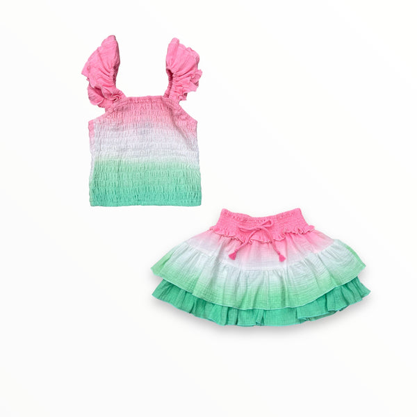 FLOWERS BY ZOE GAUZE TOP AND SKIRT SET - PINK/WHT/GREEN OMBRE