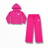 FLOWERS BY ZOE WAFFLE ZIP HOODIE AND WIDE LEG SWEATPANT SET - FUSCHIA/HEART