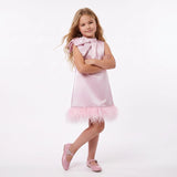 GIRLS GLOSSY SATIN FEATHER TRIM HEM PARTY DRESS WITH SHOULDER BOW - PINK