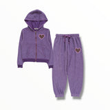 T2LOVE HOODED ZIP JACKET AND SWEATPANT SET - DEEP PURPLE/ LEOPARD HEART