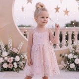 GIRLS SPARKLING SEQUIN STAR APPLIQUE TULLE DRESS - PINK