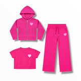 FLOWERS BY ZOE WAFFLE ZIP HOODIE AND WIDE LEG SWEATPANT SET - FUSCHIA/HEART