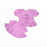 T2LOVE GAUZE BOW FRONT TOP AND SKIRT SET - PALE PINK