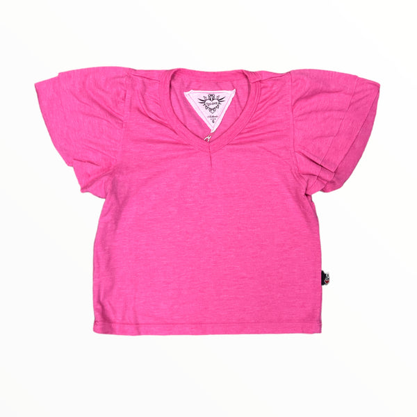 T2LOVE RUFFLE S/S V-NECK TEE - BARBIE PINK