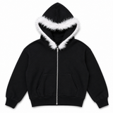 FLOWERS BY ZOE ZIP FUR TRIM HOODIE  - BLACK/PINK
