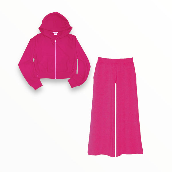 TWEENSTYLE HACCI ZIP HOODIE AND WIDE LEG SWEATS SET - HOT PINK