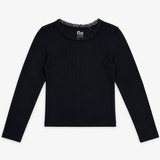 FLOWERS BY ZOE RIBBED LACE TRIM LONG SLEEVE - BLACK