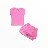 FLOWERS BY ZOE RIBBED LACE TRIM TEE AND SKORT SET - HOT PINK