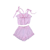FLOWERS BY ZOE GAUZE TIE TOP AND RUFFLE SHORT SET - PING GINGHAM