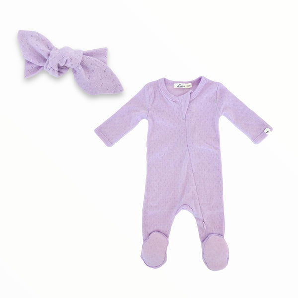 OH BABY POINTELLE ZIPPER FOOTIE AND HEADBAND SET - LILAC