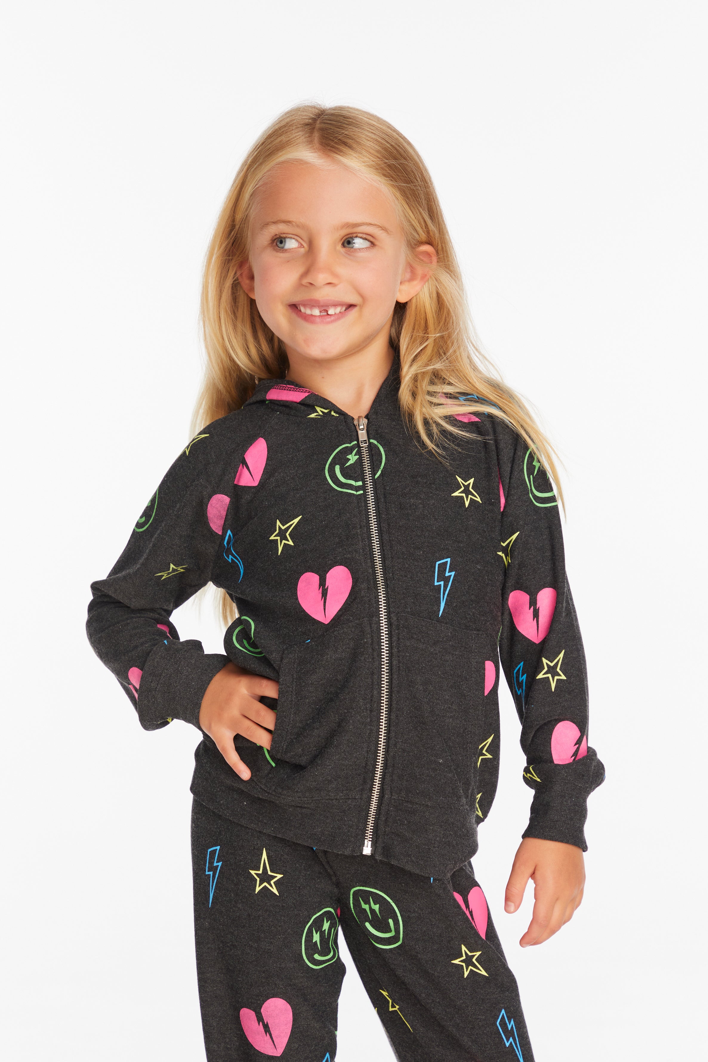 CHASER KIDS ZIP HOODIE - NEON HEARTS AND SMILES