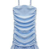 KATIE J TWEEN INDIGO STRIPED STRAPLESS RUCHED RUFFLE DRESS