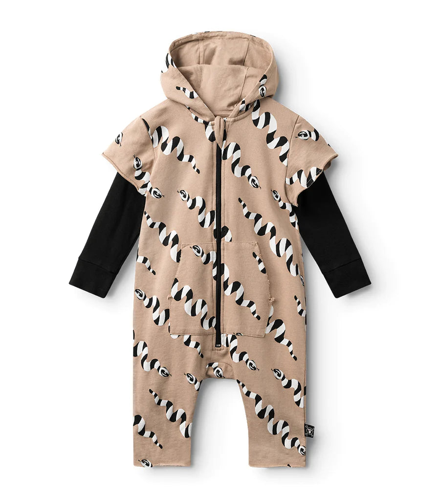 NUNUNU STRIPEY SNAKES HOODED OVERALL - COFFEE