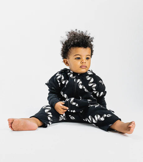 NUNUNU STRIPEY SNAKES HOODED OVERALL - BLACK