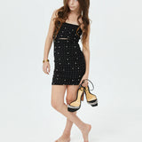 THEME NYC MADDISON PEARL AND STUD MESH CUT OUT DRESS - BLACK